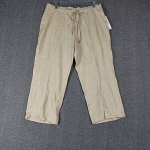 ST. JOHNS BAY WOMENS TAN 100% LINEN DRAWSTRING CAPRI PANTS SIZE 14W NWT